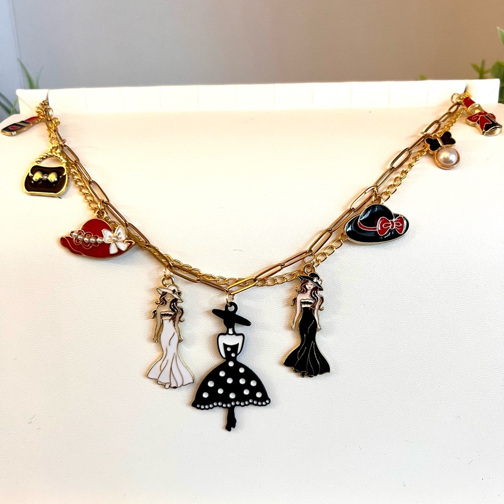 Charming Gold and Black Double Chain with Fashion Charms. Book chain, bag charm